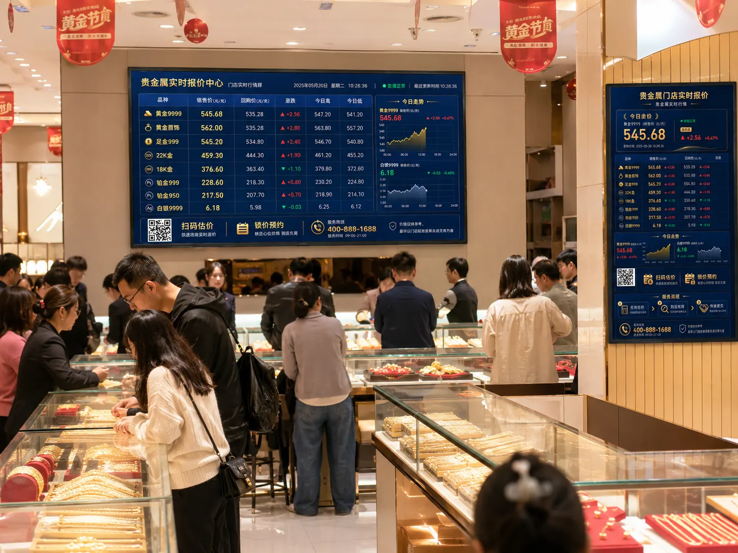 黄金门店客流高峰实时金价大屏展示场景效果图