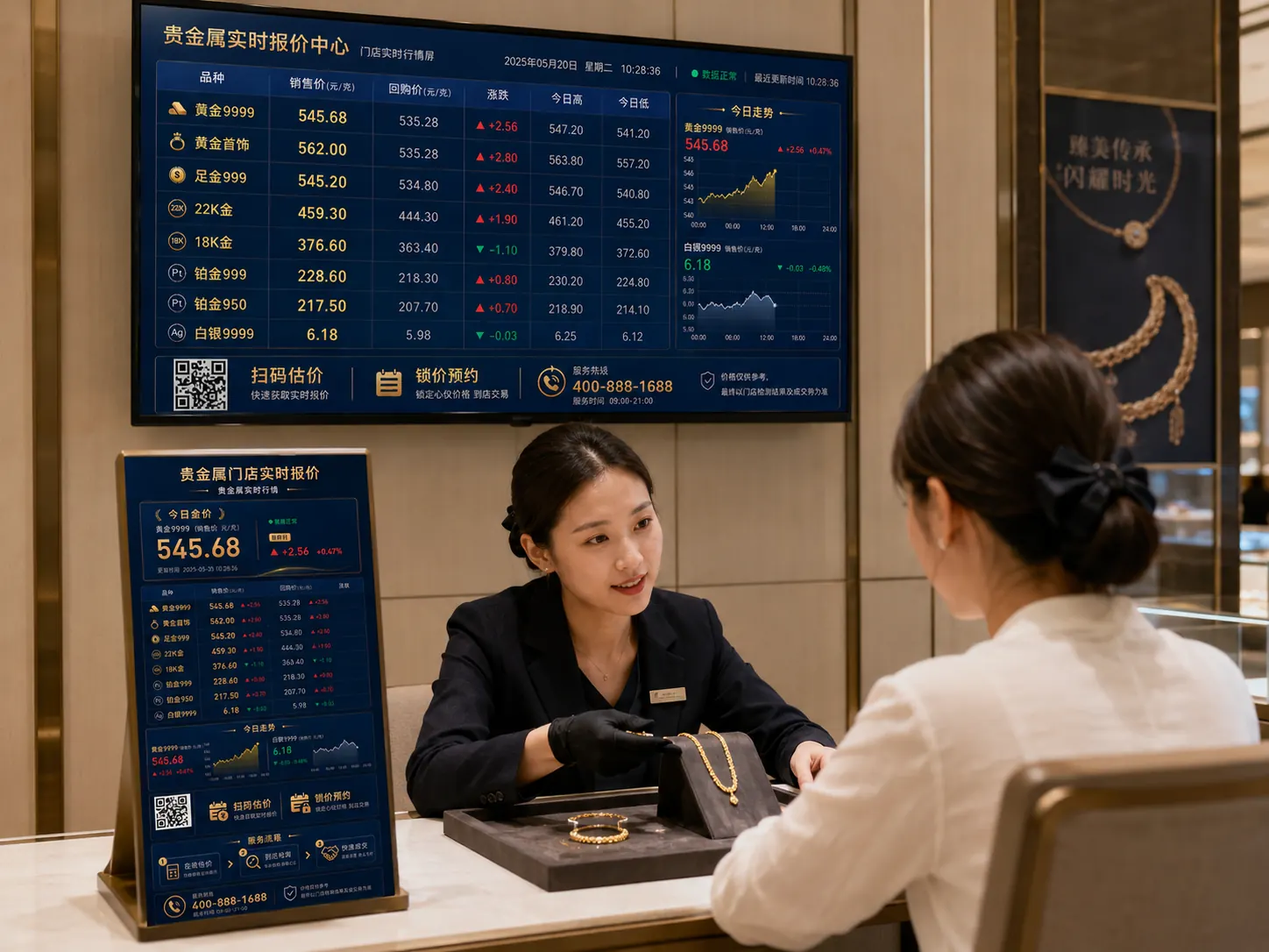 珠宝门店顾问使用贵金属报价系统服务顾客场景效果图