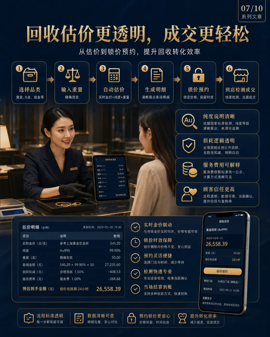 黄金回收估价系统展示纯度重量损耗服务费和锁价预约